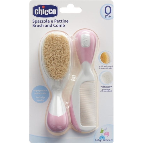 Chicco Comb and Brush Natural Bristle Pink 0m+ buy online